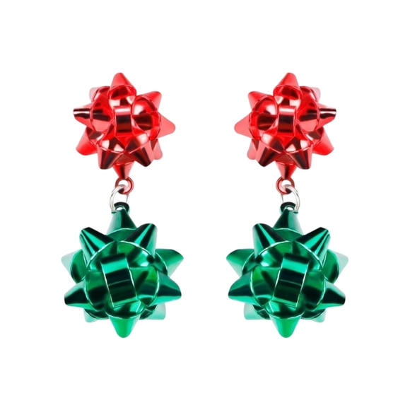 Festive Red and Green Christmas Bow Earrings - Picture 6 of 11